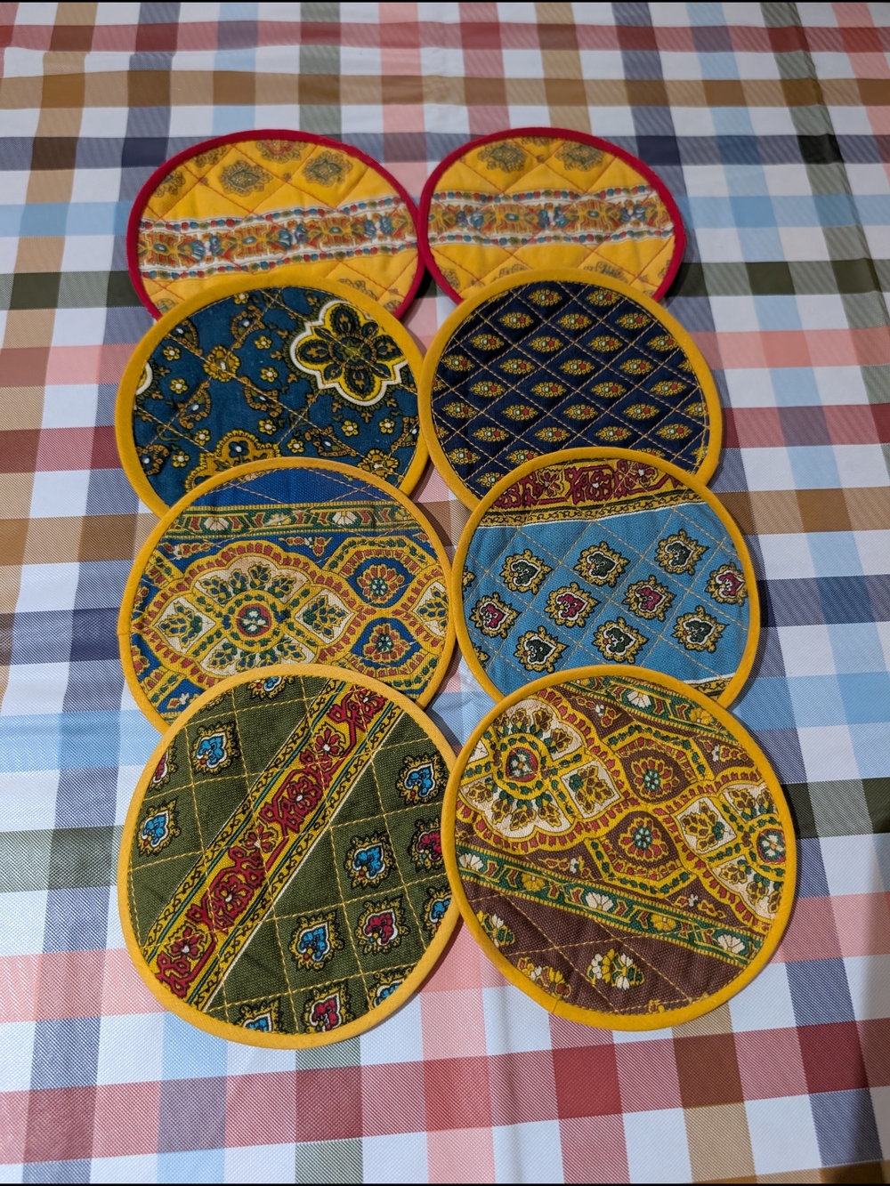 Set of 8 Patterned Quilted Round Coasters - Yellow/Red Trim